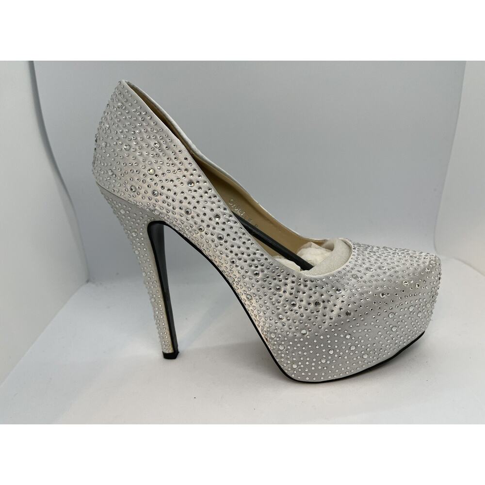 Women's Giselle-11 Rhinestone Studded Silver Satin Platform Pump 6.5" Heel-SZ 8